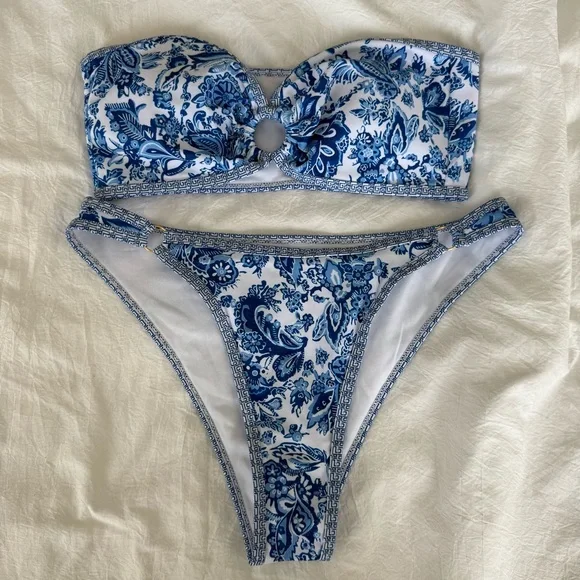 Blue and White Floral Bikini Set - Picture 1 of 4